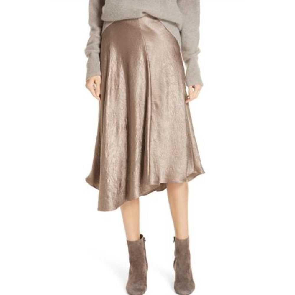 NWT Vince. Asymmetrical Crinkled Satin Skirt Taupe Size Large